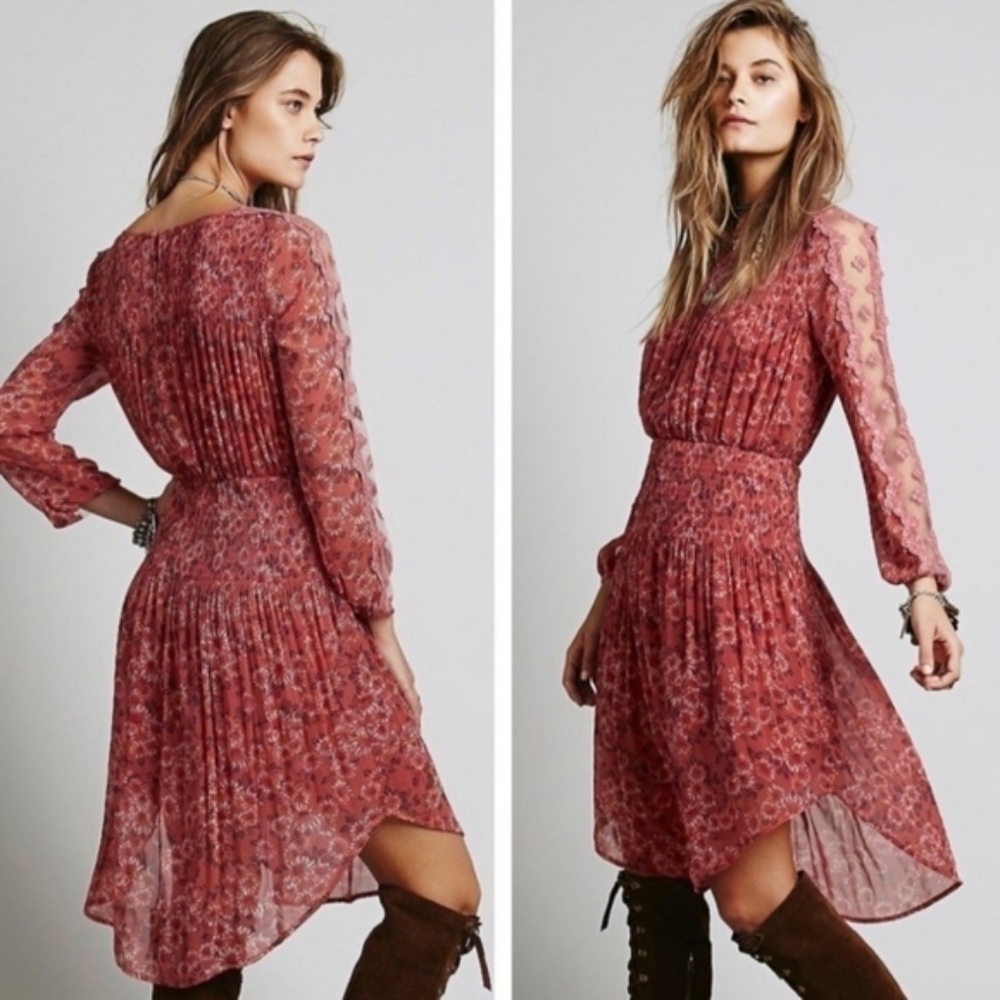 Free People Dusty Rose Floral Lace-Detail Midi Dress